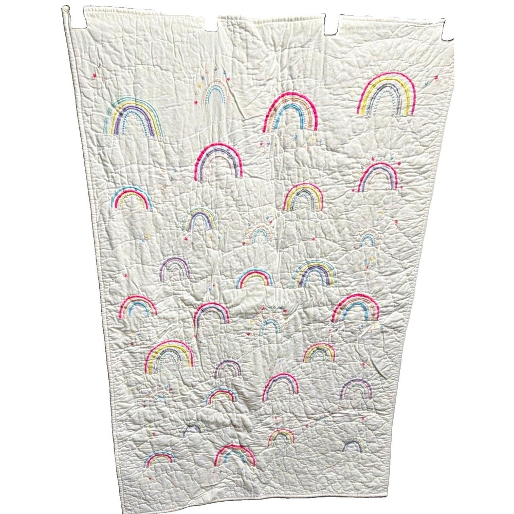Pottery Barn Kids Crib Quilt White Embroidered Rainbow Stars 32x51 Cotton
